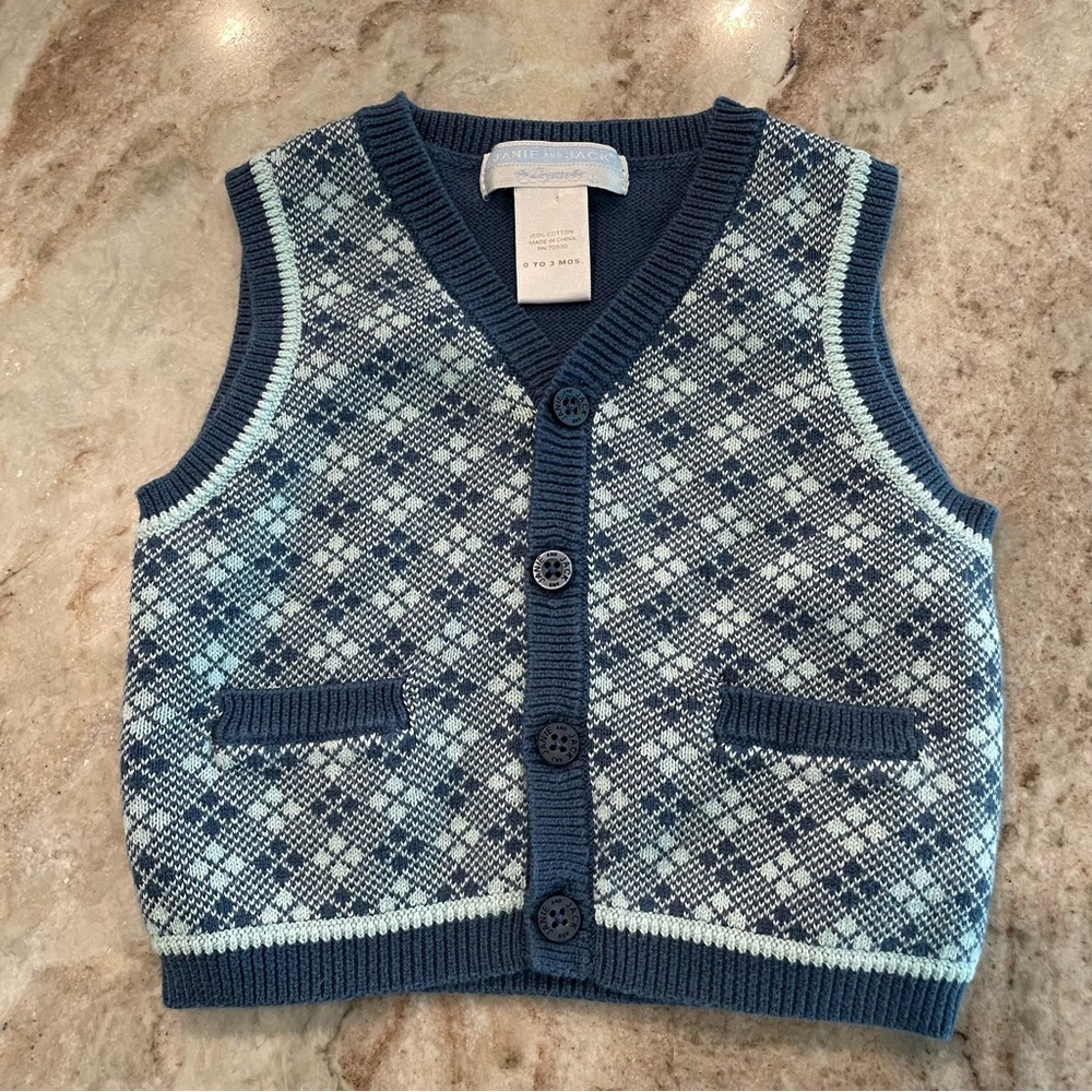 Janie and Jack Argyle Sweater Vest Layette 0-3 Months buttons